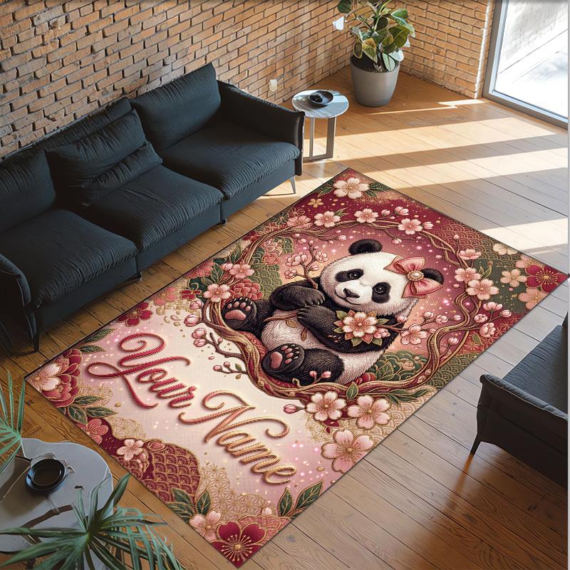Panda Theme Crystal Velvet Rug Personalized Custom Name Text Soft Floor Mat Home Decor