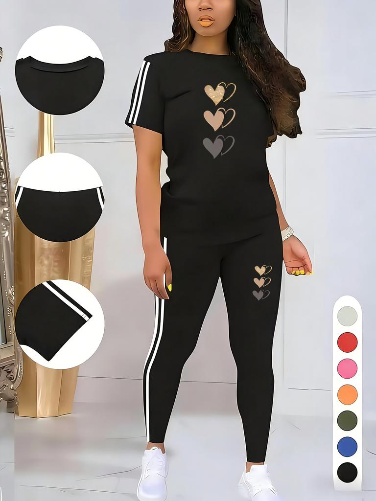 Damen Freizeitsportanzug, Herzförmiges Muster Print - Damen Freizeitsport Rundhals Zum Überziehen Kurzarm Hose Zweiteiliges Set