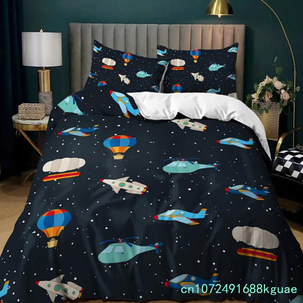 Space Bedding Boys Cute Space Alien Duvet Cover Green Rocket Ship Cartoon Planet Comforter Cover Black Bedding Set For Kid Teen