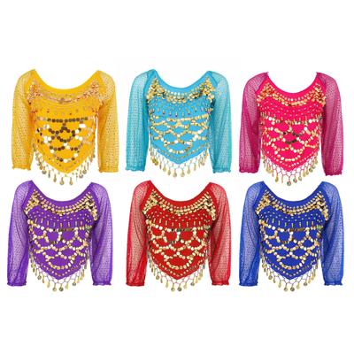 Womens Belly Dance Chiffon Top Long Sleeve Sequined Design Self Tie Back Irregular Hem Crop Top Carnival Performance Wear