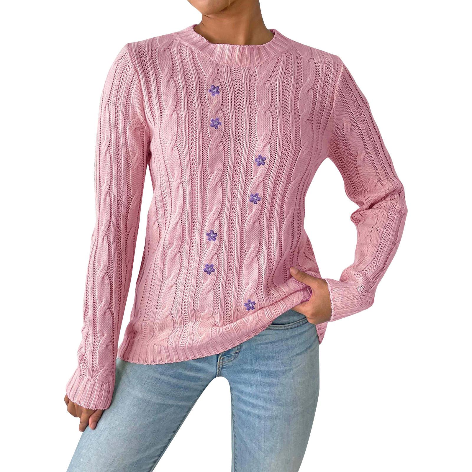 

Женский осенне-зимний свитер с круглым вырезом, нижняя часть рубашки, вышитый цветочной аппликацией S розовый