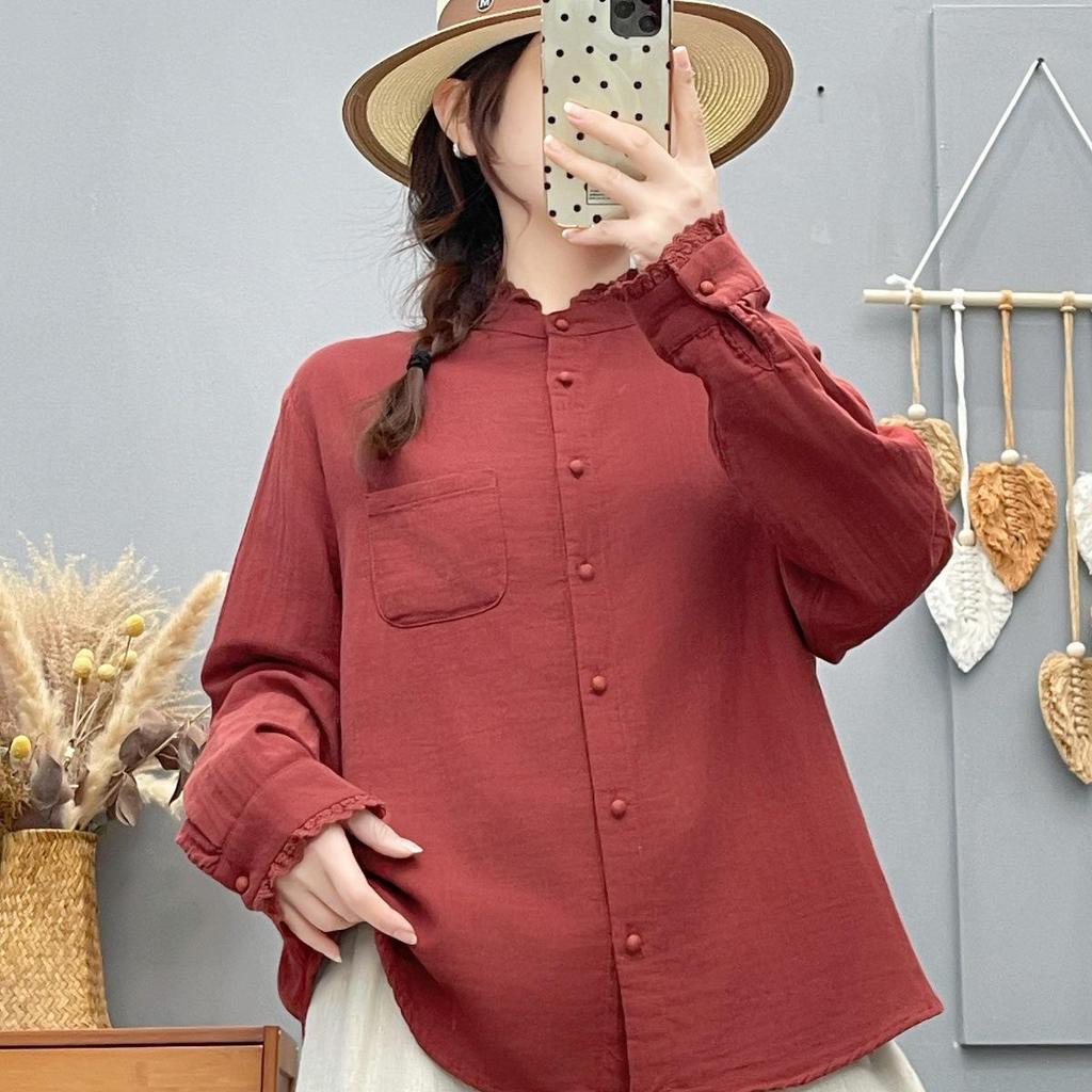 2026 Spring/Autumn Long Sleeve Stand Collar Ruffle Trim Artistic Shirt in Japanese Style - Age-Reducing Versatile Base Layer