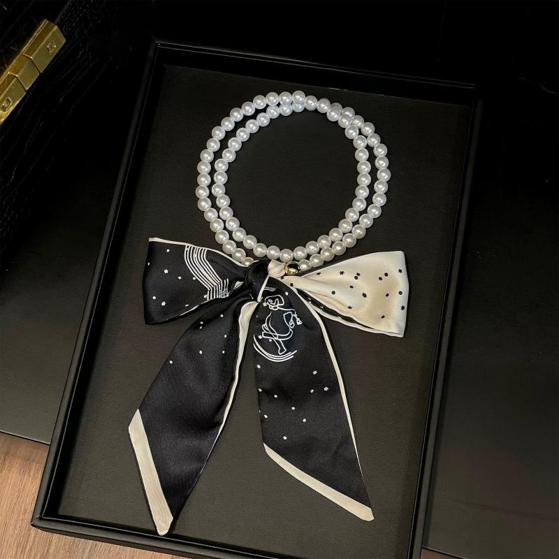 Faionable Polka Dot Scarf Waist Belt For Women Decorative Pearl Splicing Neck Ribbon Elegant Stripes Fluttering Ribbon
