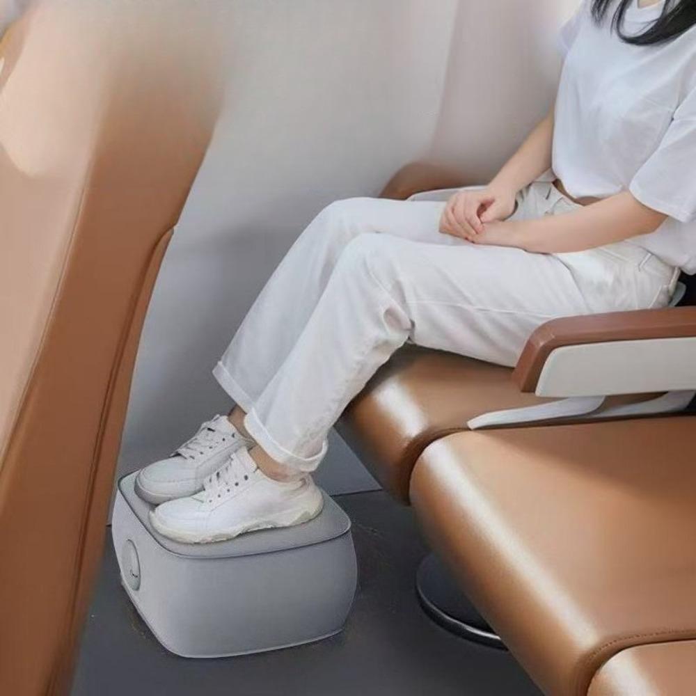 Portable Flocked Inflatable Foot Rest,One‑Push Adjustable Height Foot Stool for Airplane,Train,Office,Relieve Leg Fatigue