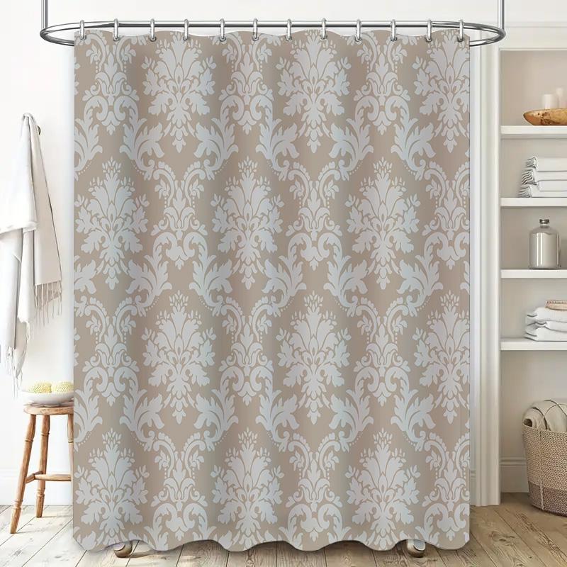 Vintage Damast Duschvorhang: Elegantes Weißes Muster Badezimmerfutter für Heimdekor Beige Grau Set mit Haken Größe 72x84 Zoll