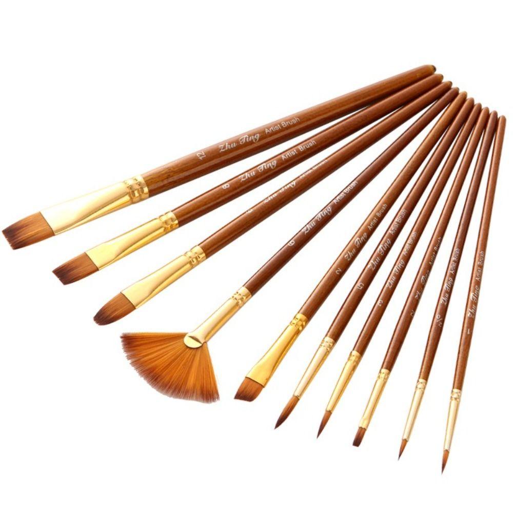 10Pcs/Set Round Flat Angle Artist Paint Brushes Set Wooden Pole Drawing Art Brush  Gift