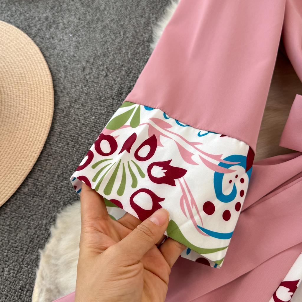 Podzimní Vintage Dámské Tištěné Patchworkové Dlouhé Šaty Elegantní O-Výstřih Vysoký Pas A-Linie Ležérní Maxi Šaty Dámské Sváteční Šaty