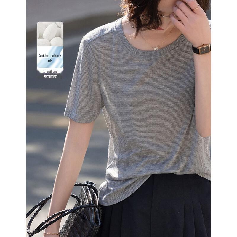 Women s Mulberry Silk Blend Shimmer Stripe T-Shirt L