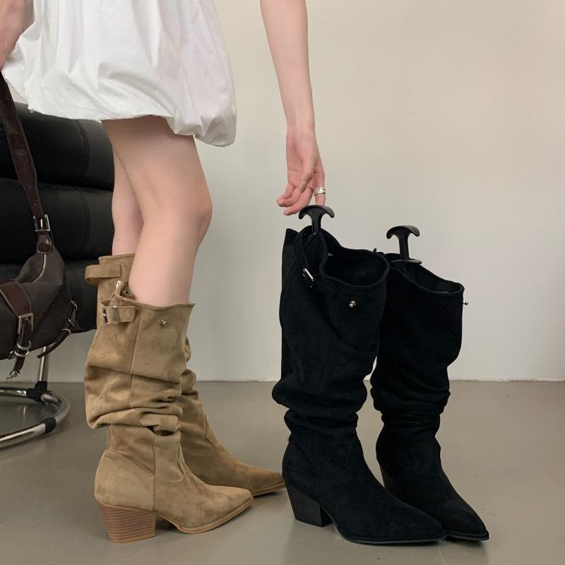 Zhao Ruth 2025 new European and American Spice Girls boots tube stacking boots thick heel pointed high heel knight boots