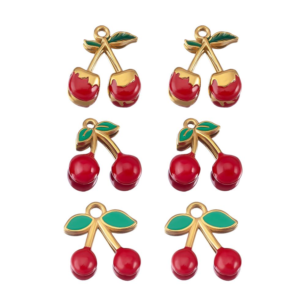 1pc 2pcs Enamel Green Leaf Red Cherry Earrings Charms Stainless Steel Fruit Necklaces Pendant Accessories DIY Jewelry Findings
