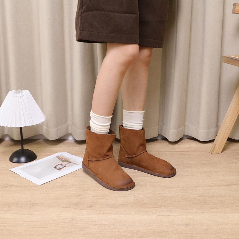 Johnature Vintage Handmade Genuine Leather Short Boots Solid Color Soft Cowhide Versatile Women Flat Boots