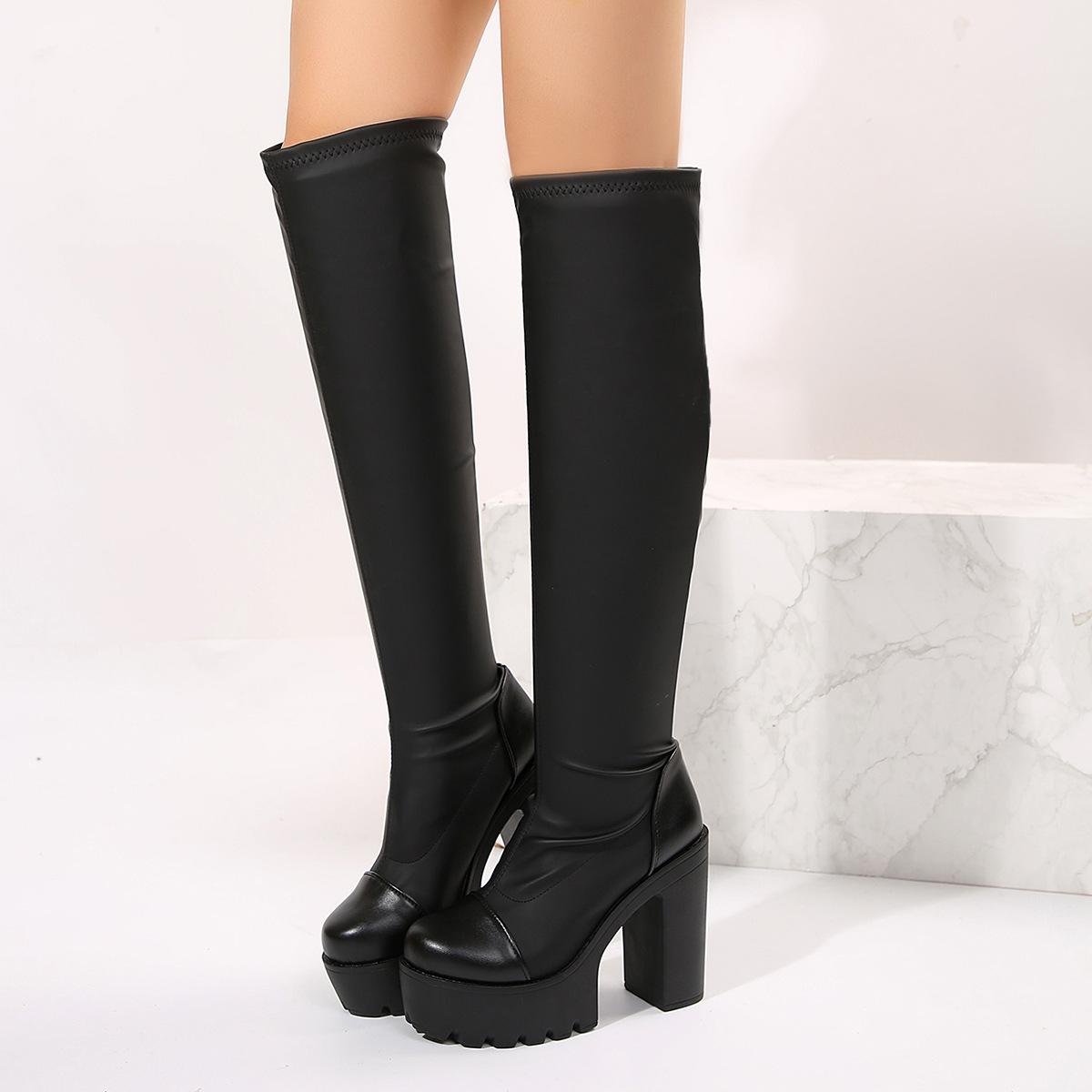 

Fashion 2025 Women s Stretch Over-the-Knee Boots Chunky Heel Gothic Color-Block Thigh High Boots for Plus Size Spring/Fall Casual Wear 35