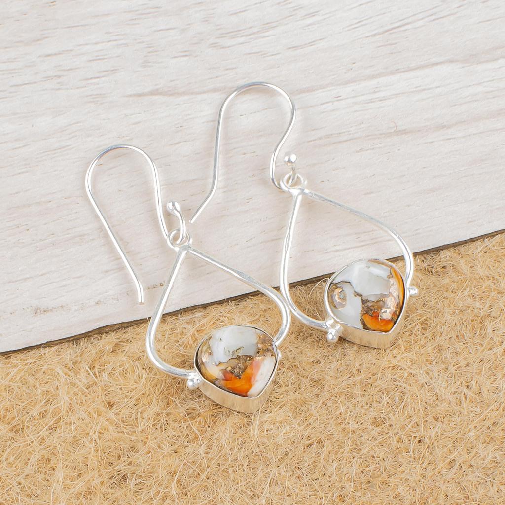 Orange Kupfer Türkis Edelstein Schmuck, 925 Massiv Sterlingsilber, Handgefertigte Ausgleichende Ohrringe zum Verschenken