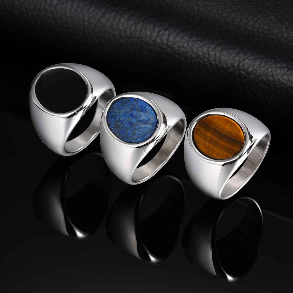 High Quality Round Natural Stone Chunky Ring, Fashion Blue Stone Stainless Steel Signet Ring for Men, Waterproof Classic Jewelry