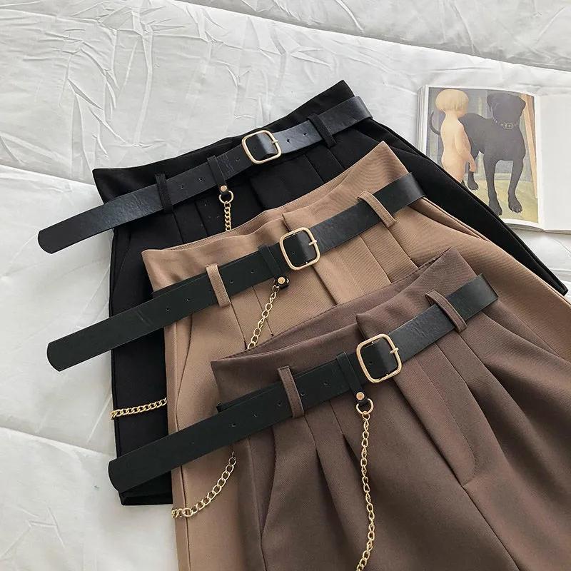 WTEMPO Women Shorts Spring Summer Large Size Solid Color Short Pants Office Ladies Mid Waist Loose A-line Chain Shorts with Belt Suit Shorts