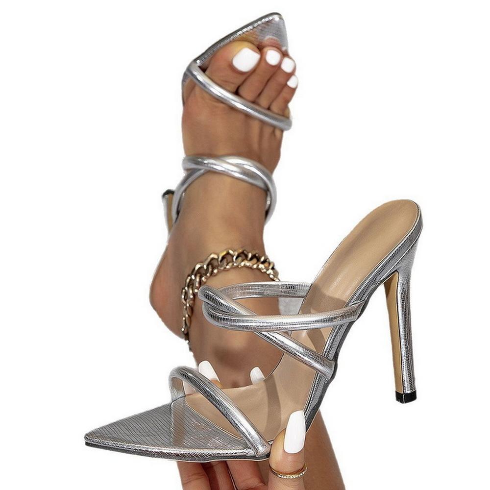 Fashion FHC New Women High Heeled Sandals,Summer Shoes,Slip On Slippers,Open Pointed Toe,Cross Strap,36-42,Silver,Dropship