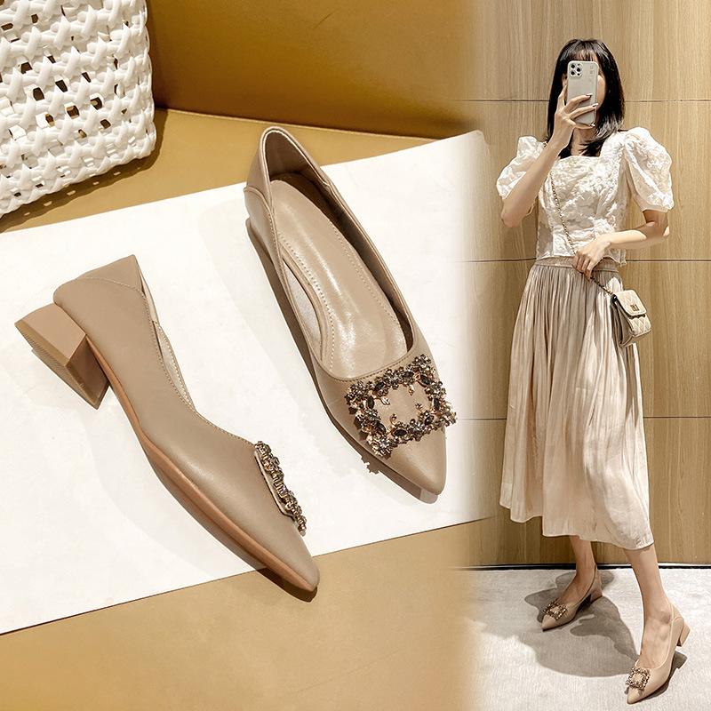 Leather French thick heel low heel single shoes femininity pointed rhinestone square buckle occupation commuter work large size women's shoes