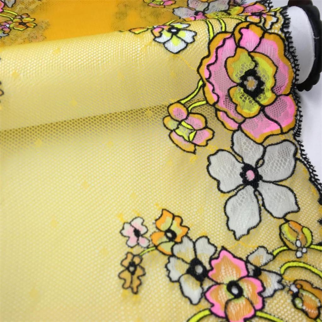 23cm wide Elastic Lace, Multicolor floral Stretch Spandex Lace with Yellow Mesh for Lingerie, Bra, Underwear, Sewing & Crafting