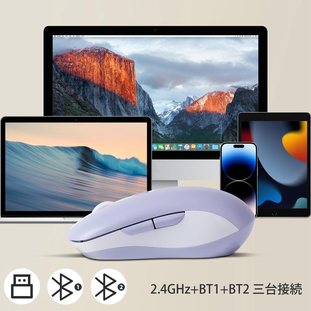 2.4GHz USB Wireless Bluetooth 5.0 Mouse, 3-Device Connection, 6 Buttons, Quiet, Rechargeable, Compact, Portable, Stylish, Compatible with iPhone,