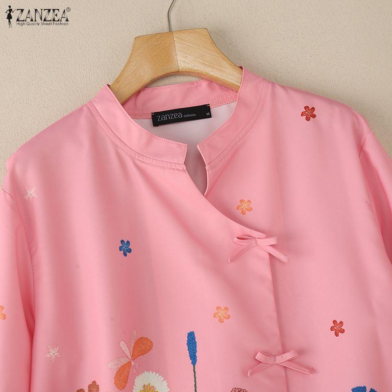 ZANZEA Women Summer Round Neck Long Sleeve Loose Floral Blouse
