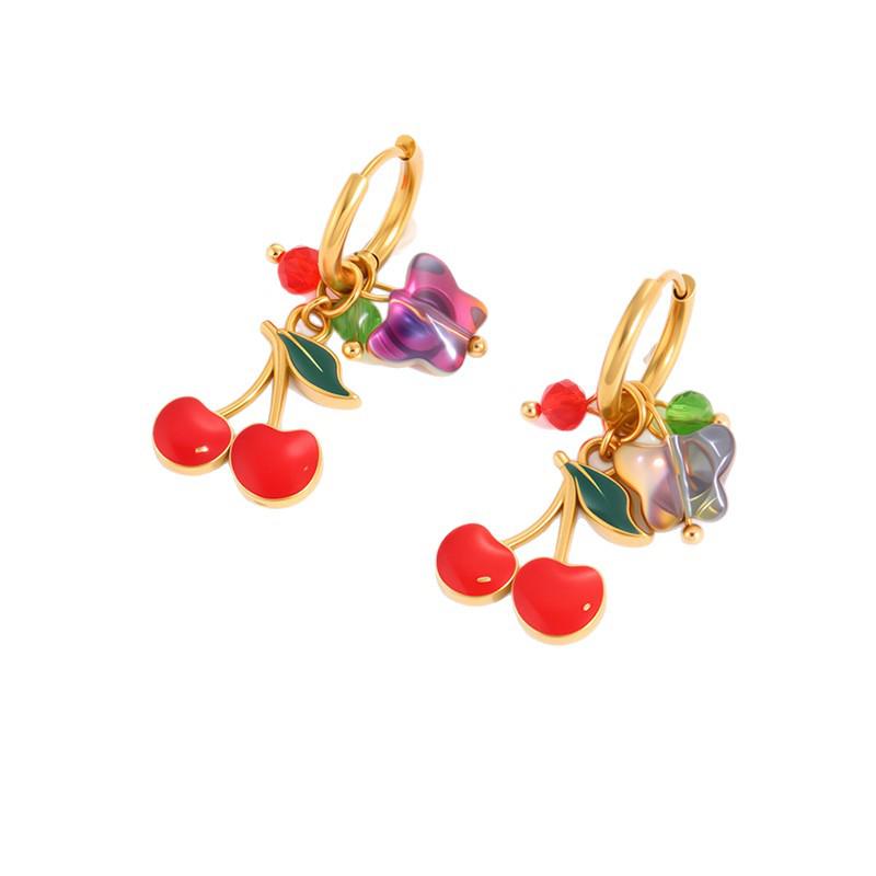 Colorful Butterfly Enamel Cherry Earrings: Pastoral Style, Light Luxury Ear Hoops for Women