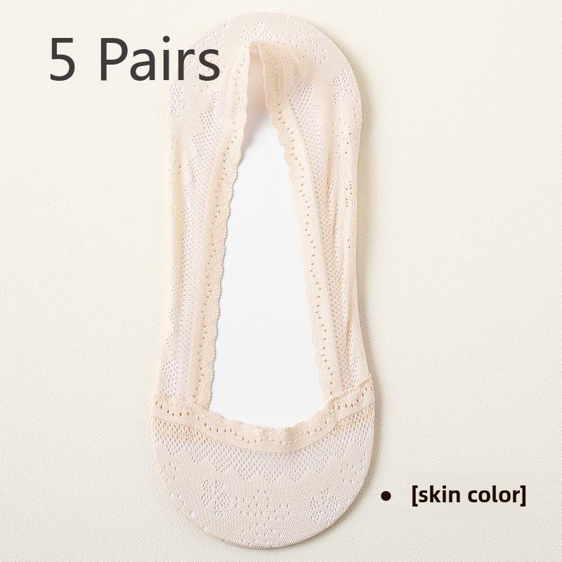 

5 пар женских летних тонких носков из хлопка и шелка с мелкой подошвой и невидимой кружевной сеткой, нескользящих 5 Pairs телесный