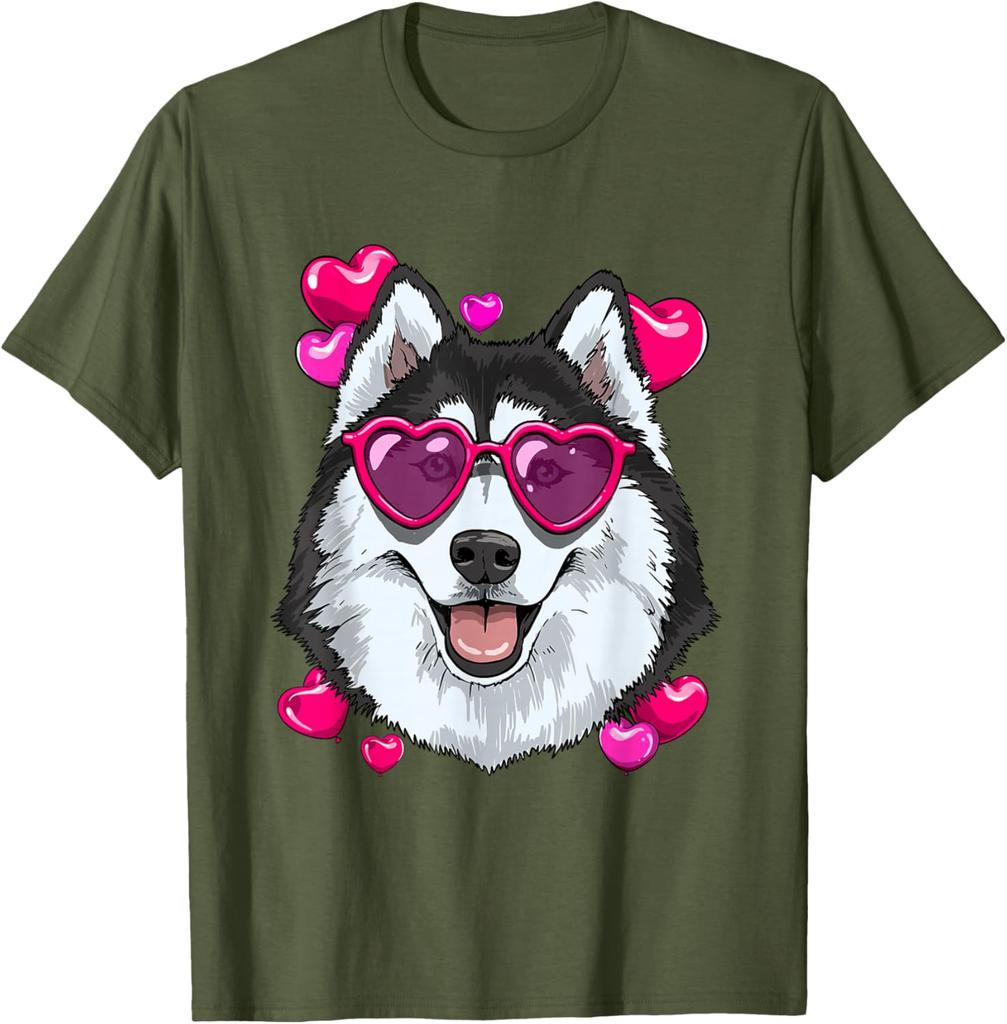 Husky Dog Heart Sunglasses Valentines Day Graphic Tee Soft Cotton Casual Short Sleeve Shirt