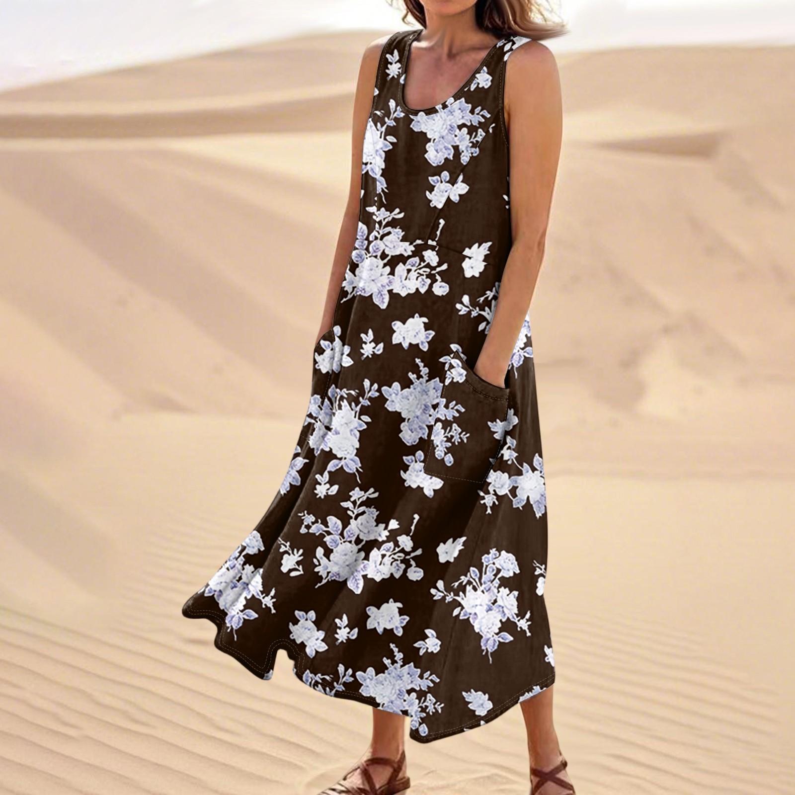 

Женское летнее повседневное модное платье без рукавов с цветочным принтом и карманом XL чёрный