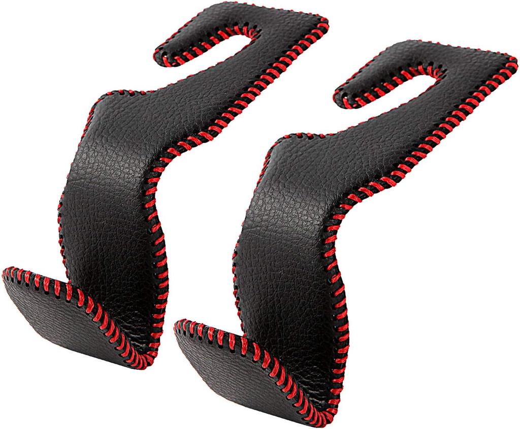 Headrest Hooks for Car, Back Seat Organizer Black Leather Hanger Holder Hook, for Hanging Purses and Bags and Coats, Pack of 2