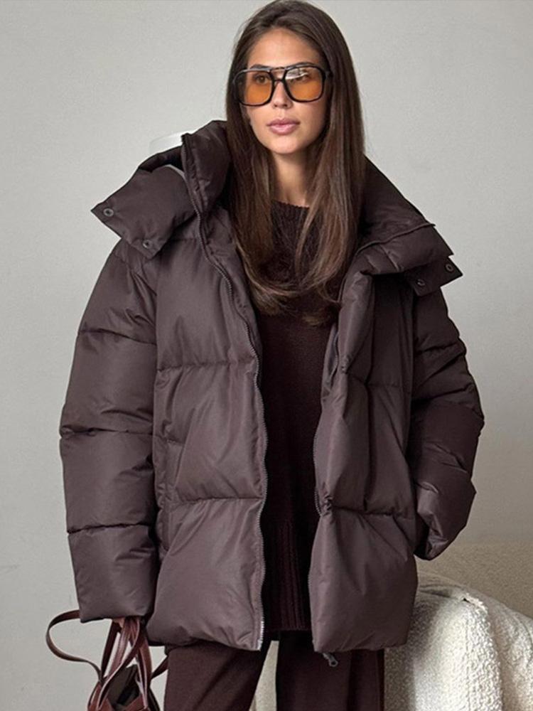 Women's Standing Collar Long Sleeved Zipper Thick Striped Jacket Brown Winter