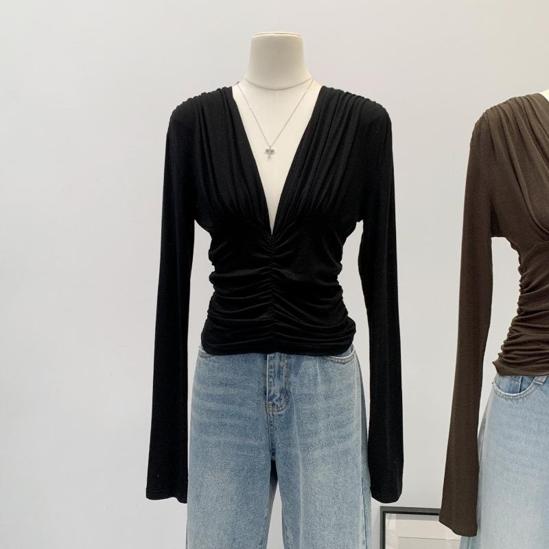 Black Lyocell Pleated Waist-Cinching Deep V-Neck Cropped Slim-Fit Long-Sleeved Top Large чёрный