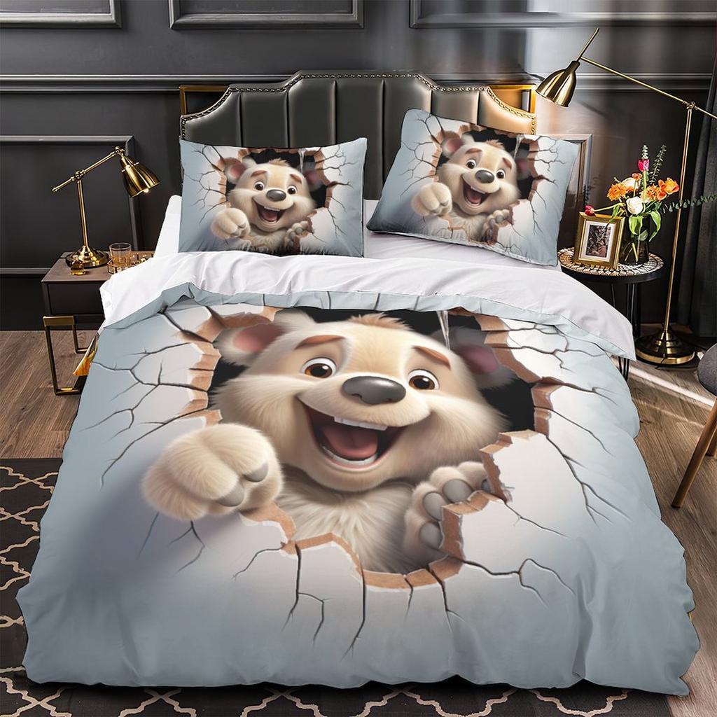 3D Cartoon Animal Bedding Set Kid Boys and Girls Teens Duvet Cover Pillowcases 2/3pcs for Single and Double Bed Birthday Gifts