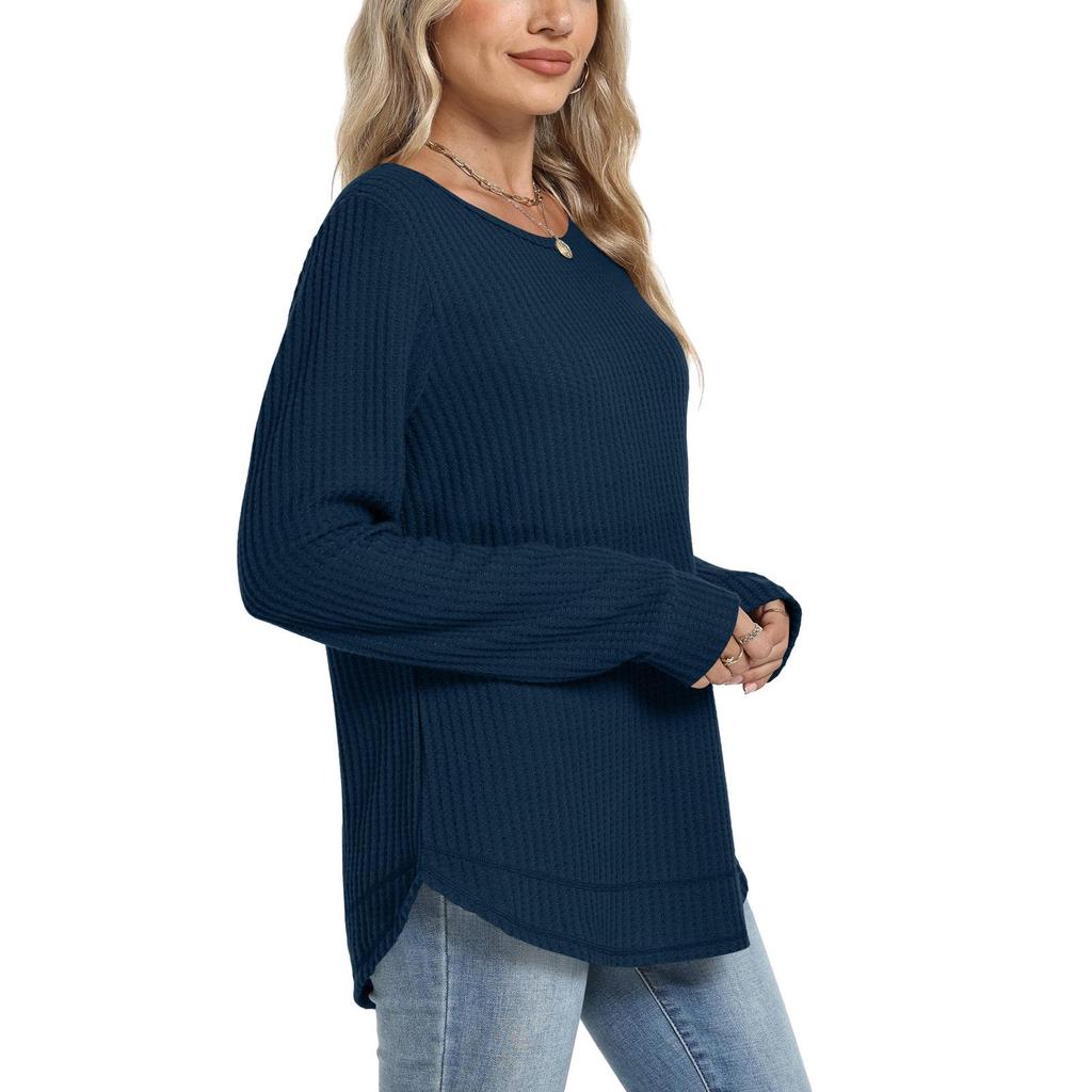 2025 European Style Women's Casual Loose Solid Long Sleeve Waffle Knit Round Neck Top