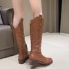 New Leather Embroidered V-mouth Thin Boots Women's Brown Tall Boots Knight Boots Square Head Western Cowboy Boots