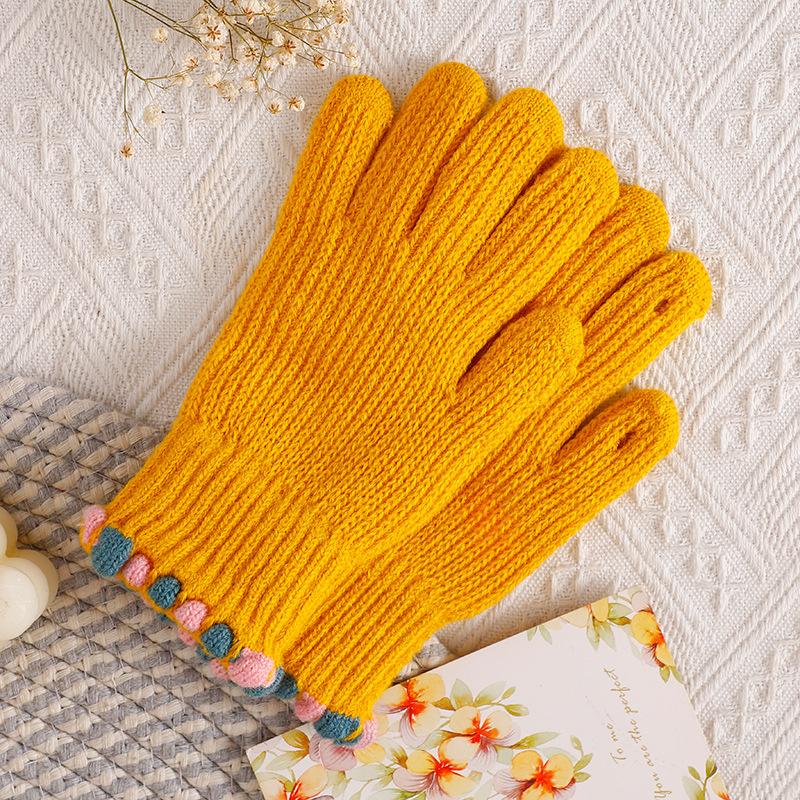 Small Jelly Bean Knitted Wool Gloves Female Winter Finger Cute Solid Color Warm and Cold Cycling Student