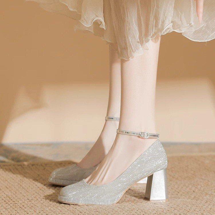 A straight buckle platform fine flash spring new high heels Mary Jane premium sense square toe block heels women