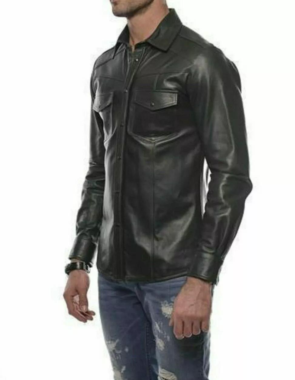 Повседневная кожаная рубашка ручной работы для мужчин, черная, официальная, стильная, овчина, 100% S чёрный