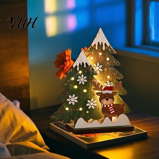 Seasonal Home Accessories Wooden Christmas Tree Table Decor with LED Light, Rustic Standing Sign Small Lighted Reindeer Santa Claus for Holiday Tiered