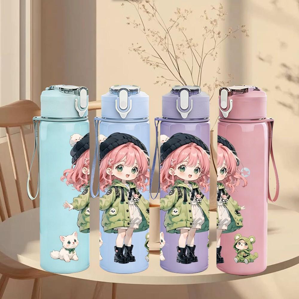 1PC Pink Hair Girl Green Raincoat Pattern 750ml Color Plastic Sports Water Bottle Leakproof Flip Straw Lid Suitable for Sports Office Home Use