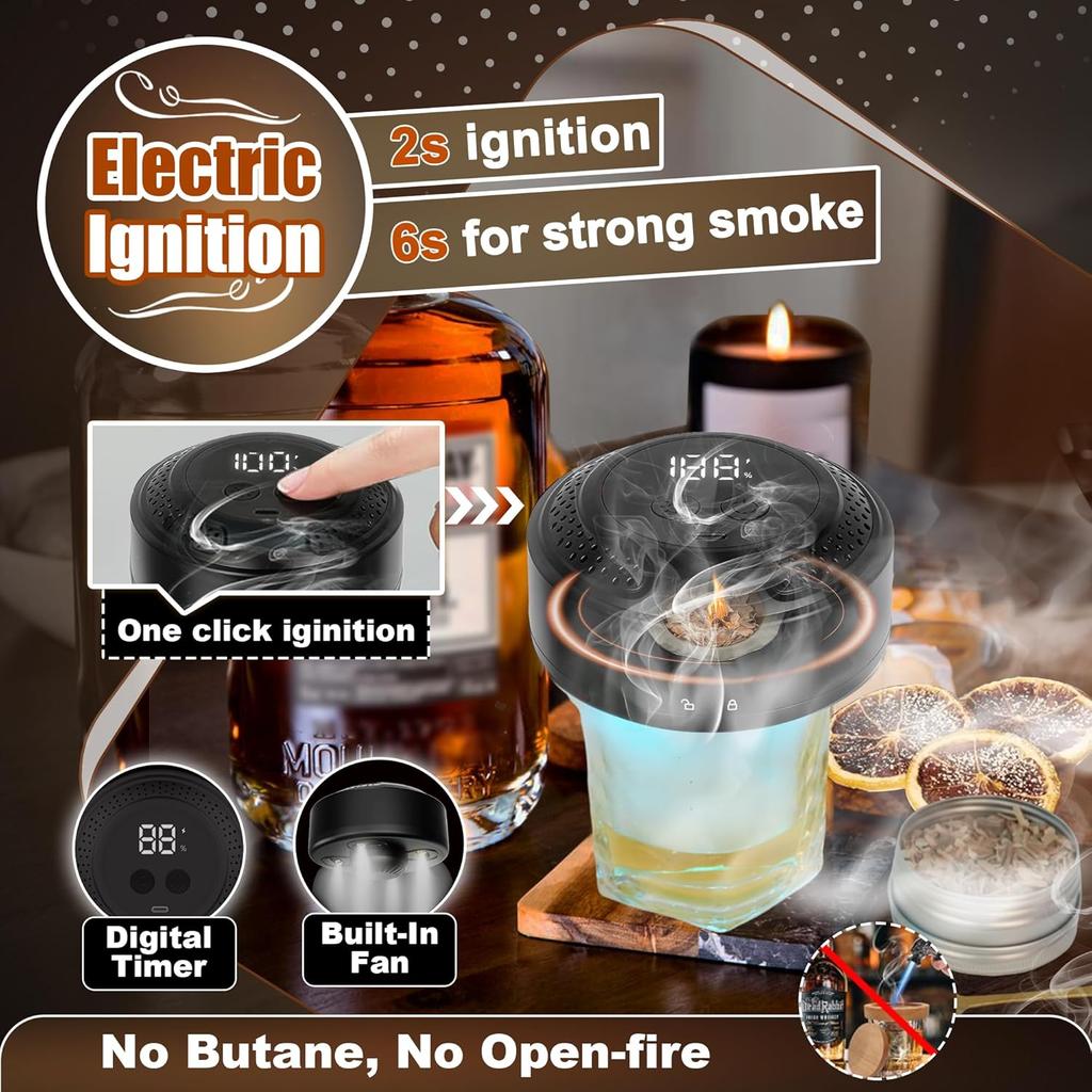Electric Whiskey Smoker Kit With Light Modes, No Butane Needed, Rechargeable Cocktail Smoker Kit with LED Display & 6 Wood Chips, Old Fashioned Smoker