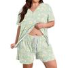 Women Casual Loose Fit Two Piece Set V Neck Short Sleeve Top with Elastic Waist Shorts Summer Lounge Wear Plus Size Print