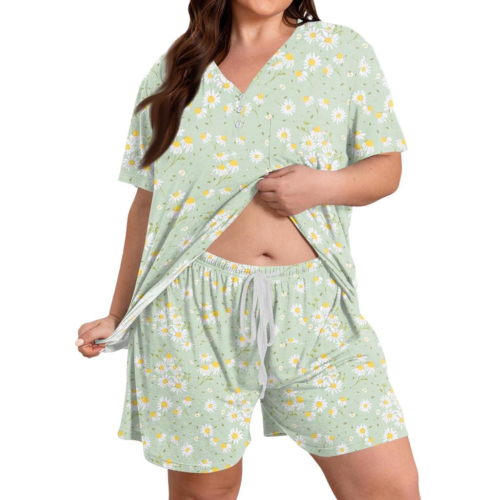Women Casual Loose Fit Two Piece Set V Neck Short Sleeve Top with Elastic Waist Shorts Summer Lounge Wear Plus Size Print