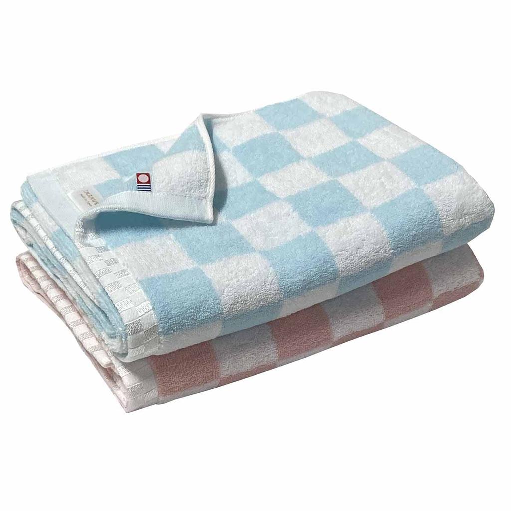 Imabari Set of 2 Bath Towels 65x120cm Blue and Pink Pastel Checkered Absorbent and Towels, [Brand Certified] Pattern, Fluffy, (Blue Pink)
