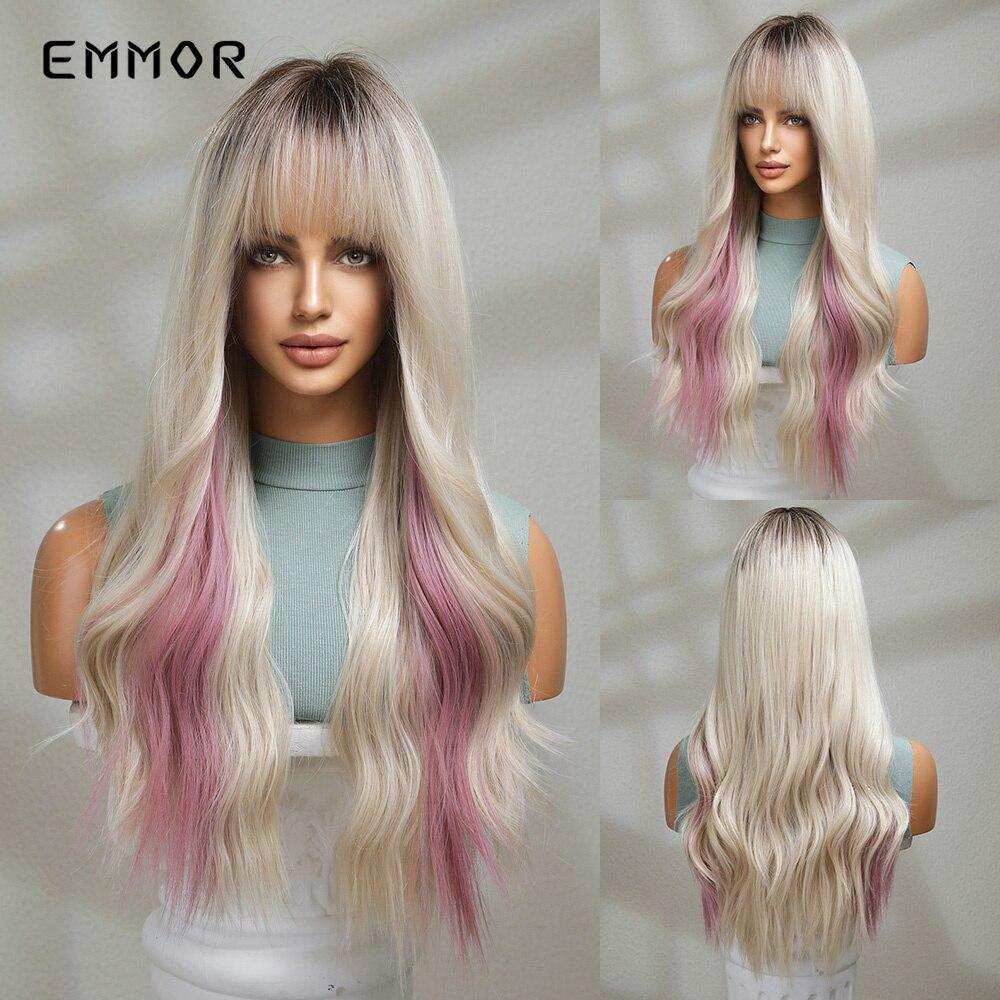 Synthetic Balayage Pink Brown Long Wavy Wig for Women with Bangs Party Cosplay Lolita Heat Resistant Fibre Hair Wigs