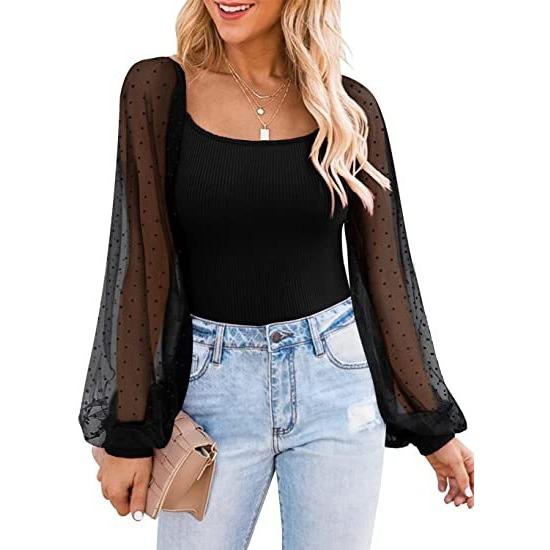 GMXIA Summer Women Fashion See-through Lantern Sleeve Stitching Slim-fit Top Woman