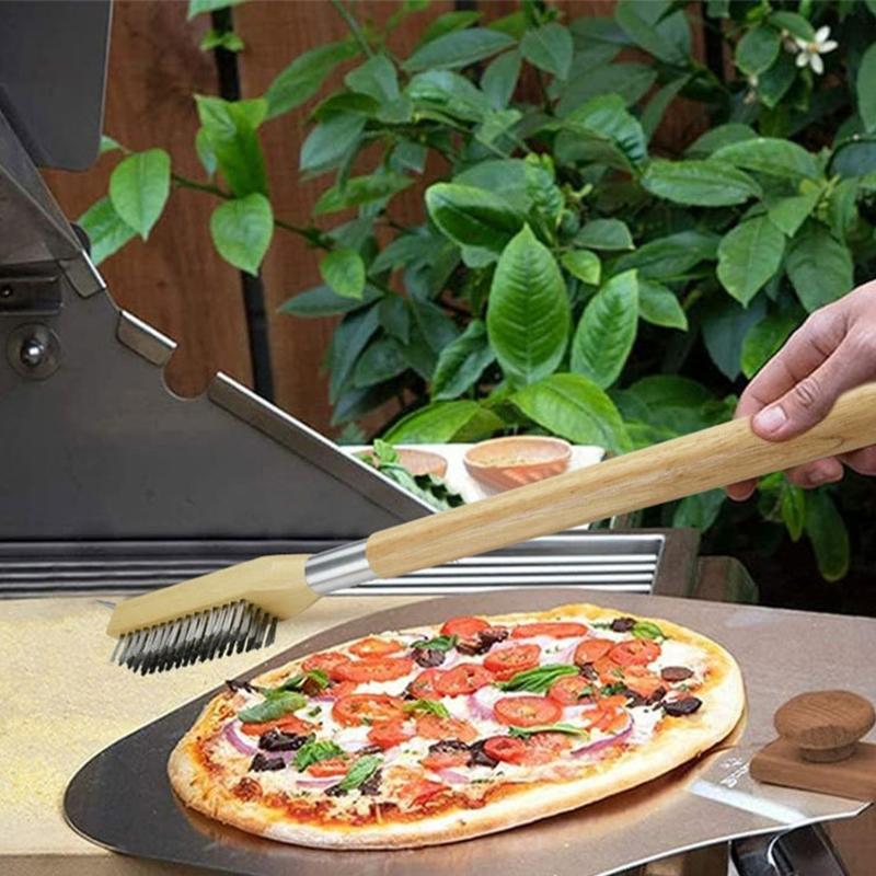Spazzola Robusta per Pietra da Pizza Scrubber per Forno a Pizza con Testa Rimovibile a Setole d'Acciaio e Manico in Legno Ergonomico