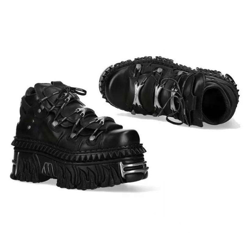 Womens Punk Chunky Sole Low-Cut Ankle Boots With Metal Accents Black Leatherette Platform Shoes