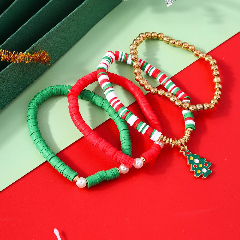 2024 European & American Christmas Beaded Polymer Clay Bracelet Set - Festive Christmas Tree Design