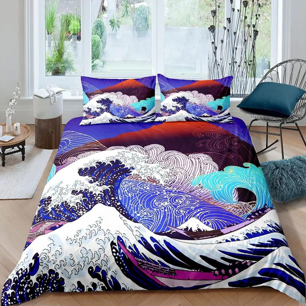 Ocean Wave King Queen Duvet Cover Red Sun Bedding Set Japanese Ukiyo-E Comforter Cover Exotic Navy Blue Polyester Quilt Cover