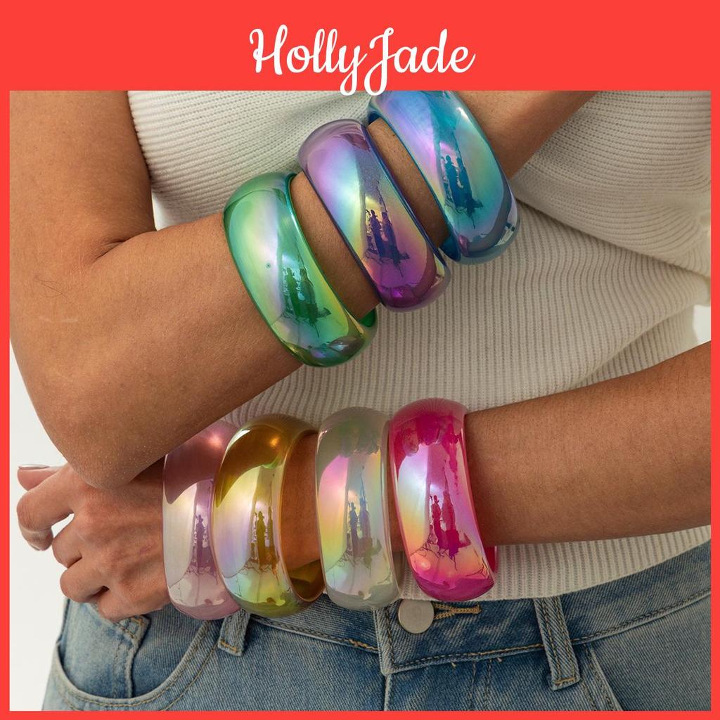 Fashion Colorful Resin Laser Wide Bracelet Exaggerated Geometric Round Glossy Pearlescent Bracelet